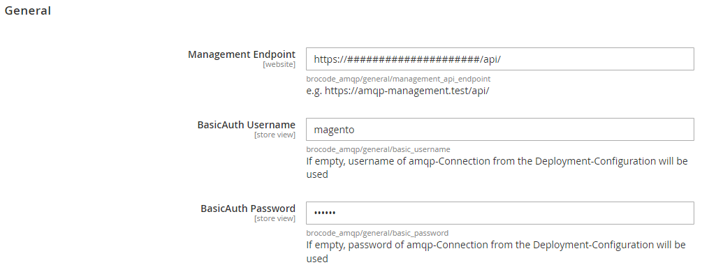 AMQP Monitor configuration — management endpoint and BasicAuth credentials