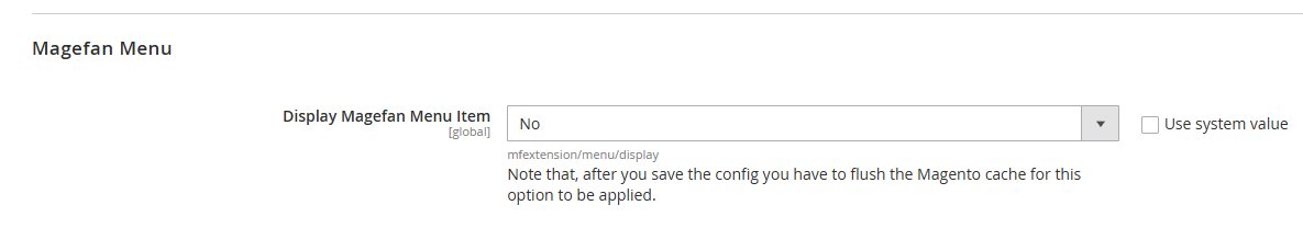 Magefan toggle that removes a vendor entry from the Magento 2 admin menu via Stores → Configuration, no custom code required.